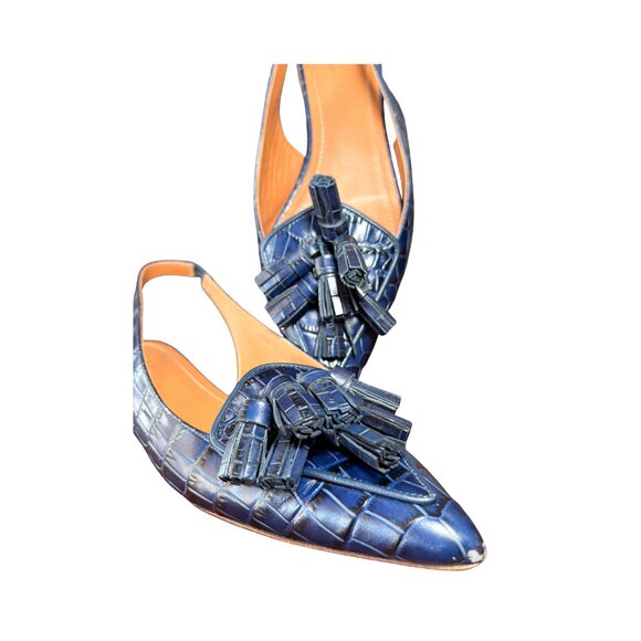 Polo Ralph Lauren Blue Croc Embossed Leather Tassel Slingback Flats 8 - Picture 2 of 6